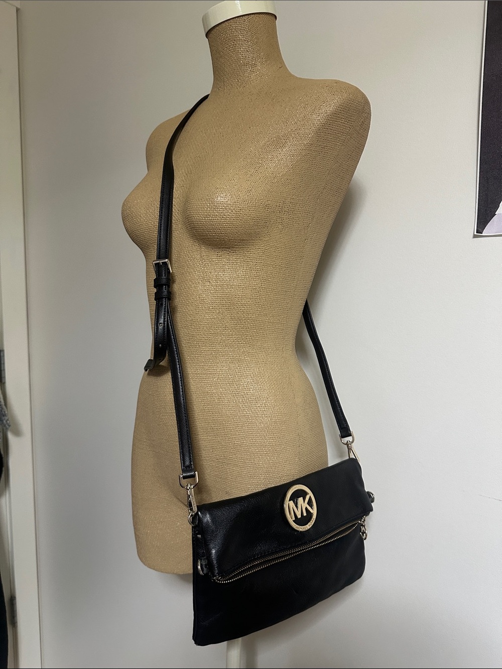 Michael Kors Black Leather Crossbody with Gold MK Emblem